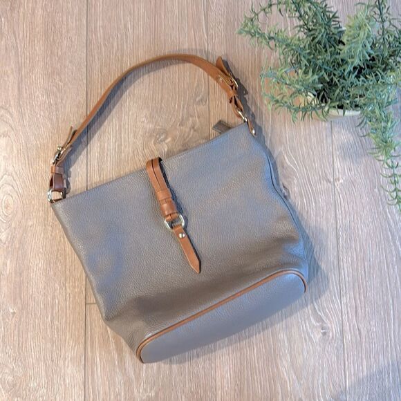 VALENTINA ITALIAN MADE PEBBLED LEATHER GRAY AND TAN BUCKET SHOULDER BAG EUC - Picture 1 of 16